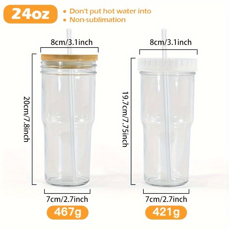 Pack of 4, Glass Cups with Bamboo Lids and Glass Straws 24oz, Glass Tumbler with Two Lid and Straw-Wide Mouth, Boba Cup Smoothie Tumbler Iced Coffee Cup Travel Mug