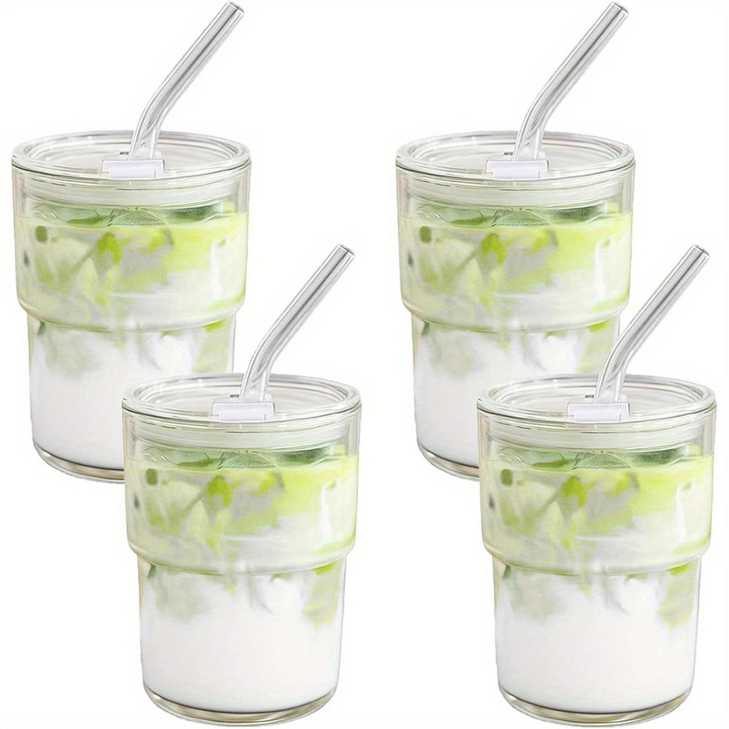 4pcs 13oz Glass Tumbler with Straw & Lid - Reusable Iced Coffee Cups, Matcha Smoothies, Water Glasses - Clear, Hand Wash Only, Perfect for Cold Drinks, Beverage Glassware | Modern Glassware | Durable Glass