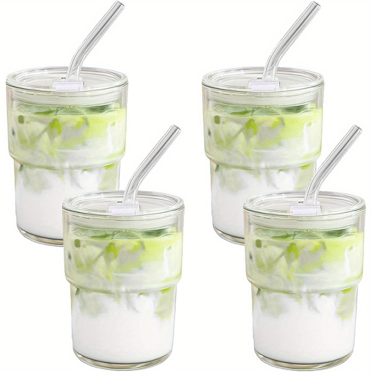 4pcs 13oz Glass Tumbler with Straw & Lid - Reusable Iced Coffee Cups, Matcha Smoothies, Water Glasses - Clear, Hand Wash Only, Perfect for Cold Drinks, Beverage Glassware | Modern Glassware | Durable Glass