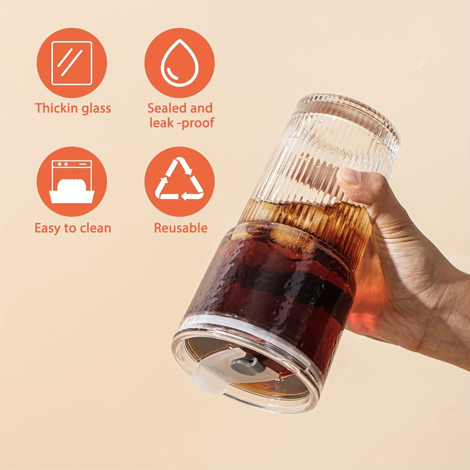 Glasses With Lid And Straw, Set Of 4 - Stylish Ribbed Design Drinking Cups For Iced Coffee Cups, Juices, Smoothies, Cold Drinks, Cleaning Brushes Included, Durable Glassware