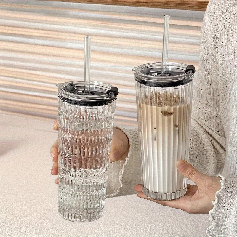 Large Capacity Clear Coffee Latte Cup with Lid & Built-in Straw - Elegant Modern Tumbler for Iced Americanos, Home, Office, or Gifts - Durable Glass Construction, Spill-Proof Design for Hot/Cold Beverages, Office Drinkware, Contemporary Drinkware, Premium