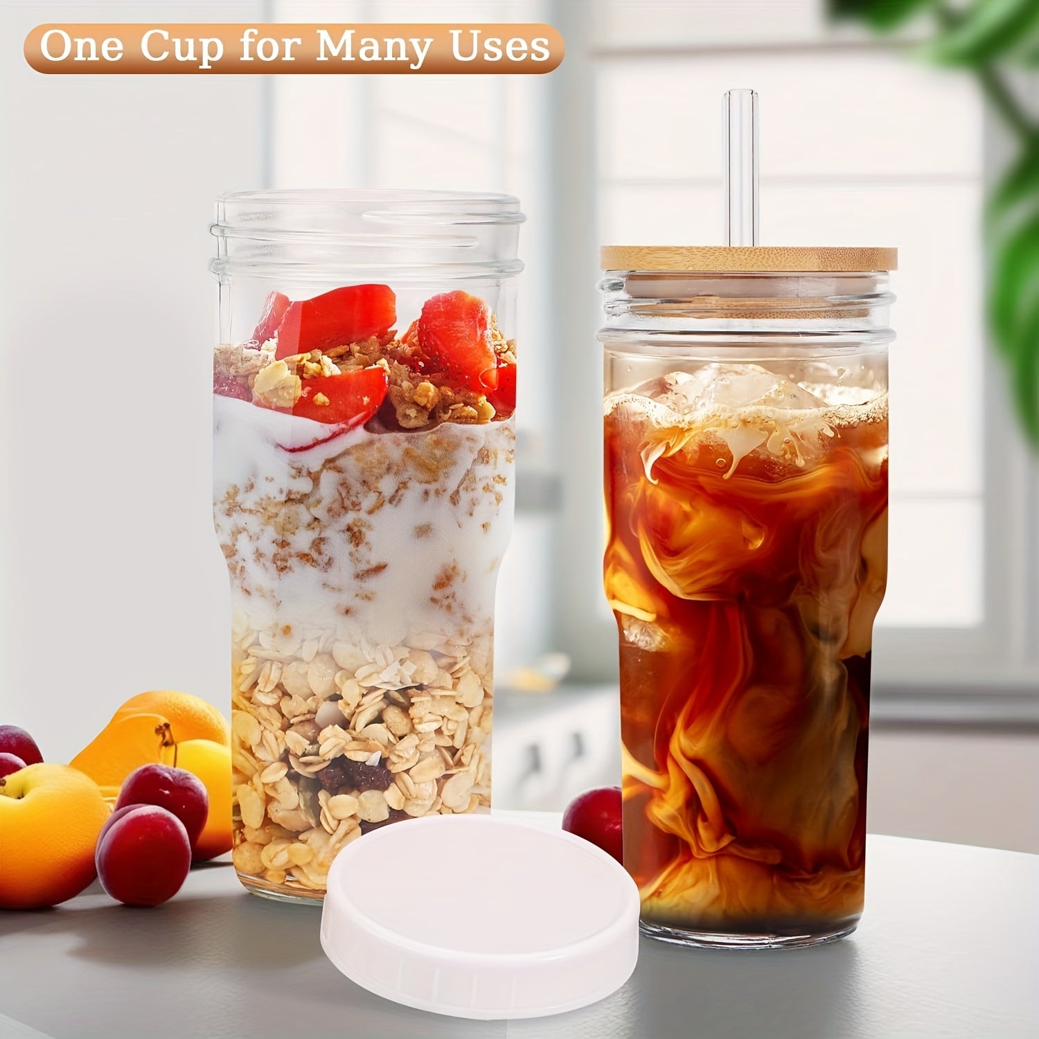 4pcs Lidded Glasses with Wooden And Sealed Lids, Smoothie Glasses with Straws - Boba Mason Jar, Wide Mouth Reusable Drinking Cups, Iced Coffee Mugs, Kitchen Drinkware, Water Bottles.