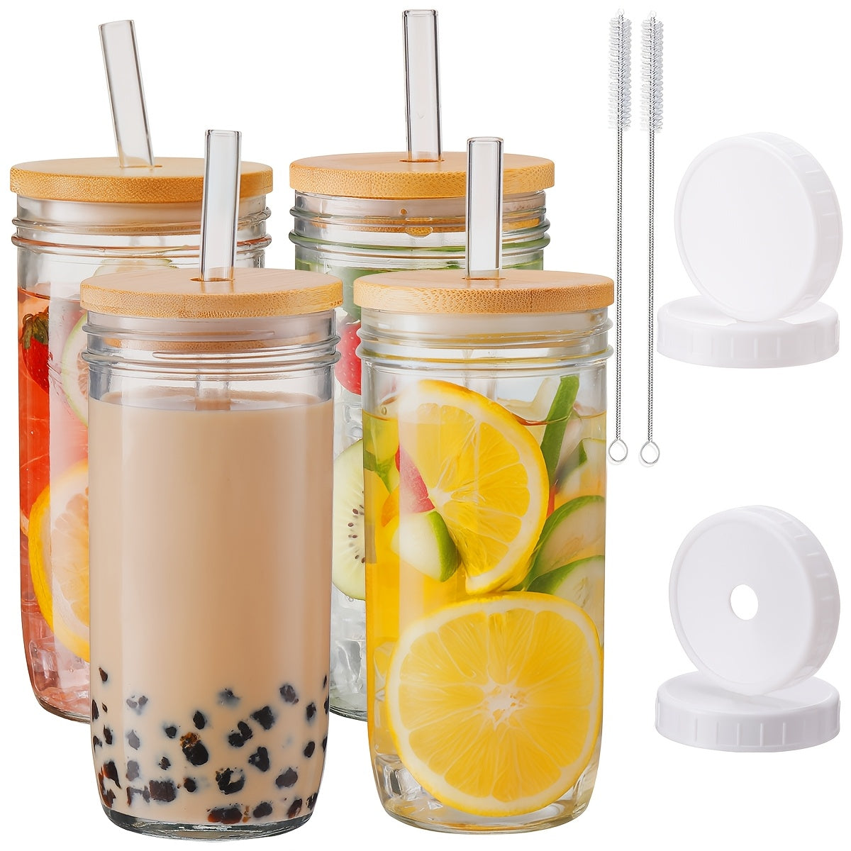 4pcs Thickened Glass, 24oz Drinking Set - Glass with Wooden Lid, Wide Mouth Mason Cup, Drinkware Set, Iced Coffee Cup, Boba Cup, Free White Sealed Lid