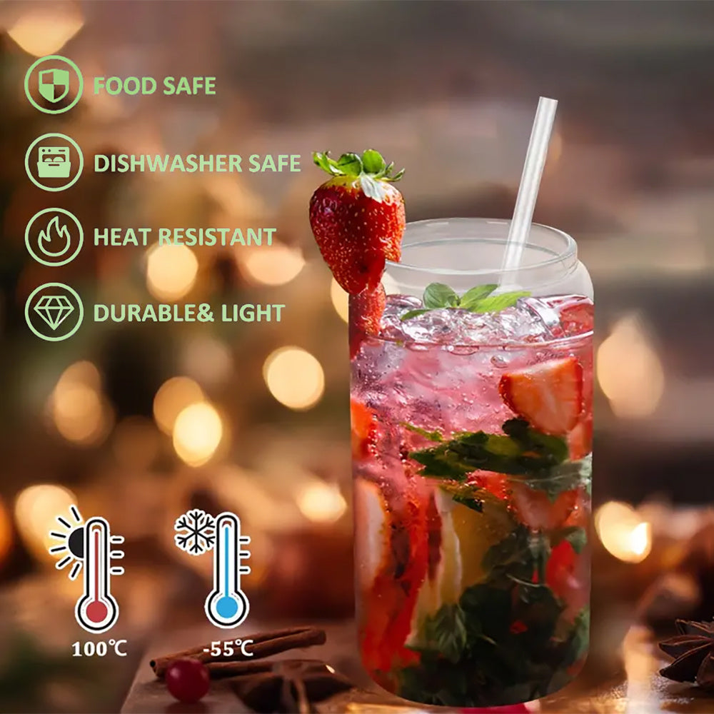 50/25/12/8 Pack 16Oz Clear Or Frosted Sublimation Glass Cans With Bamboo Lid, Transparent Glass Tumblers With Plastic Straw, Sublimation Glass Cups With Bamboo Lids, With Individually Boxed, Ideal For Diy Gifts&Halloween, Christmas, For Juicing Coffee