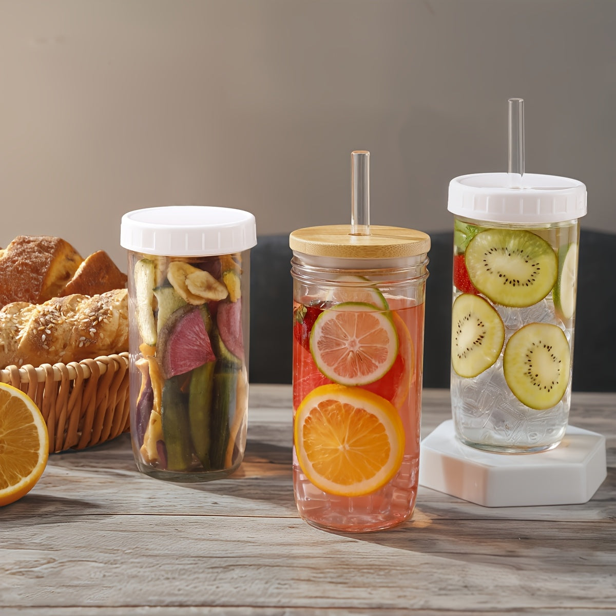 4pcs Thickened Glass, 24oz Drinking Set - Glass with Wooden Lid, Wide Mouth Mason Cup, Drinkware Set, Iced Coffee Cup, Boba Cup, Free White Sealed Lid