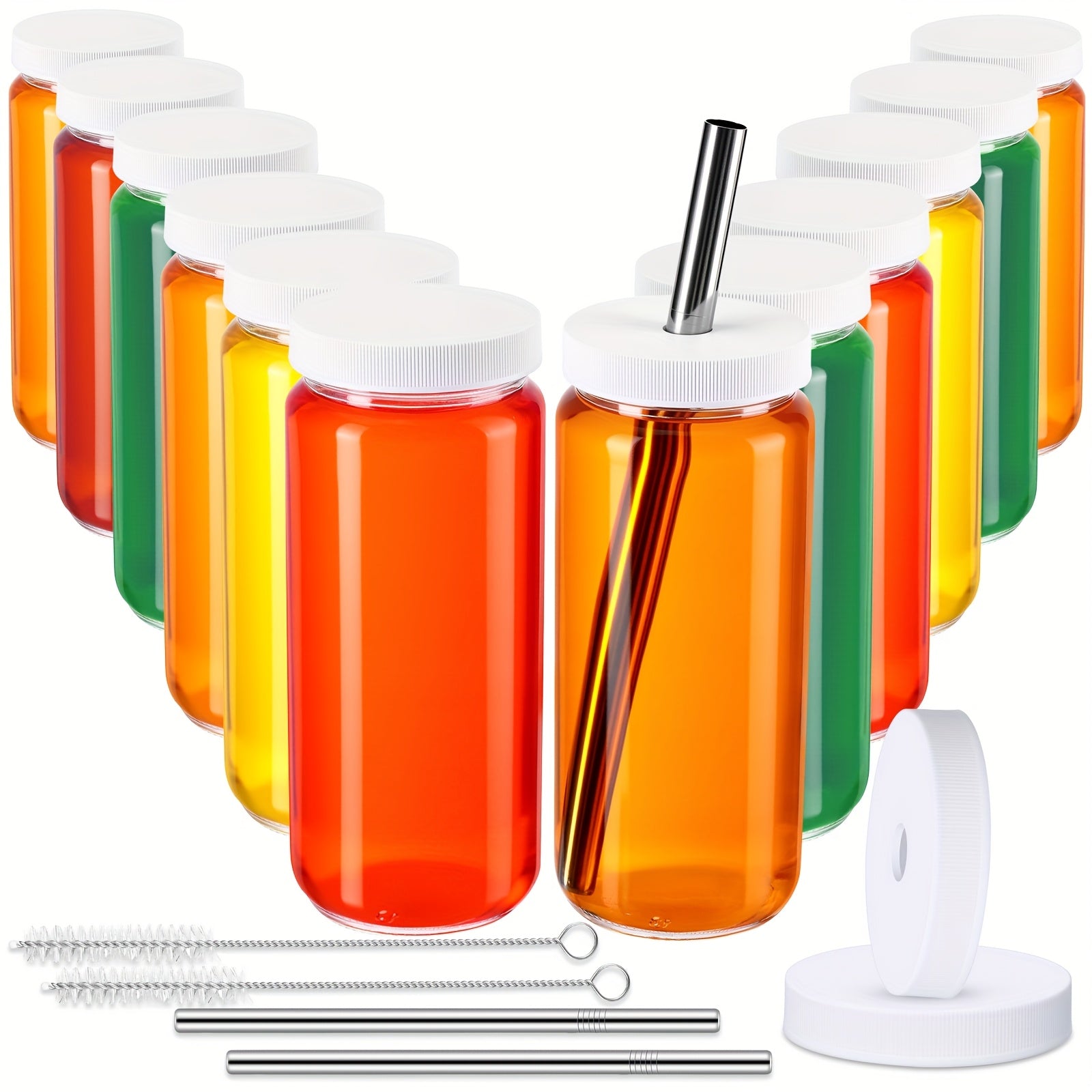 12-Pack 16oz Glass Juice Bottles with Airtight Leakproof Lids, Straws & Cleaning Brushes - Heavy-Duty Leakproof Jar Cups, Space-Saving Stackable Design, for Juicing, Smoothies, Water, Milk, Kitchen, Home, Commercial Use - Reusable Drinking Containers,