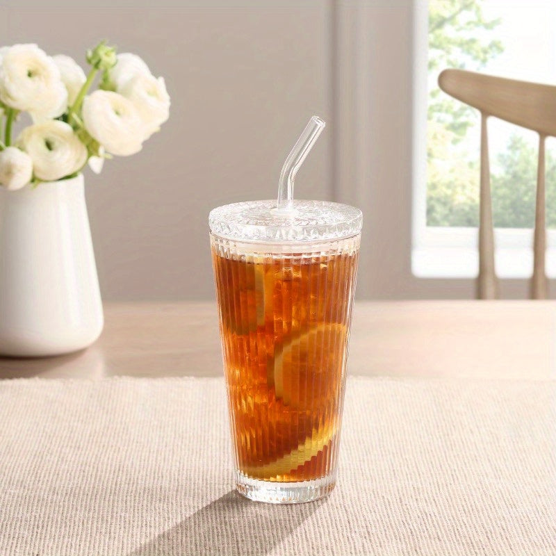 2pcs Ribbed 21oz Glass Tumblers with Lids & Straws - Clear, Reusable, Hand Wash Only, Perfect for Iced Beverages, Beverage Serving | Ribbed Glassware | Durable Glass