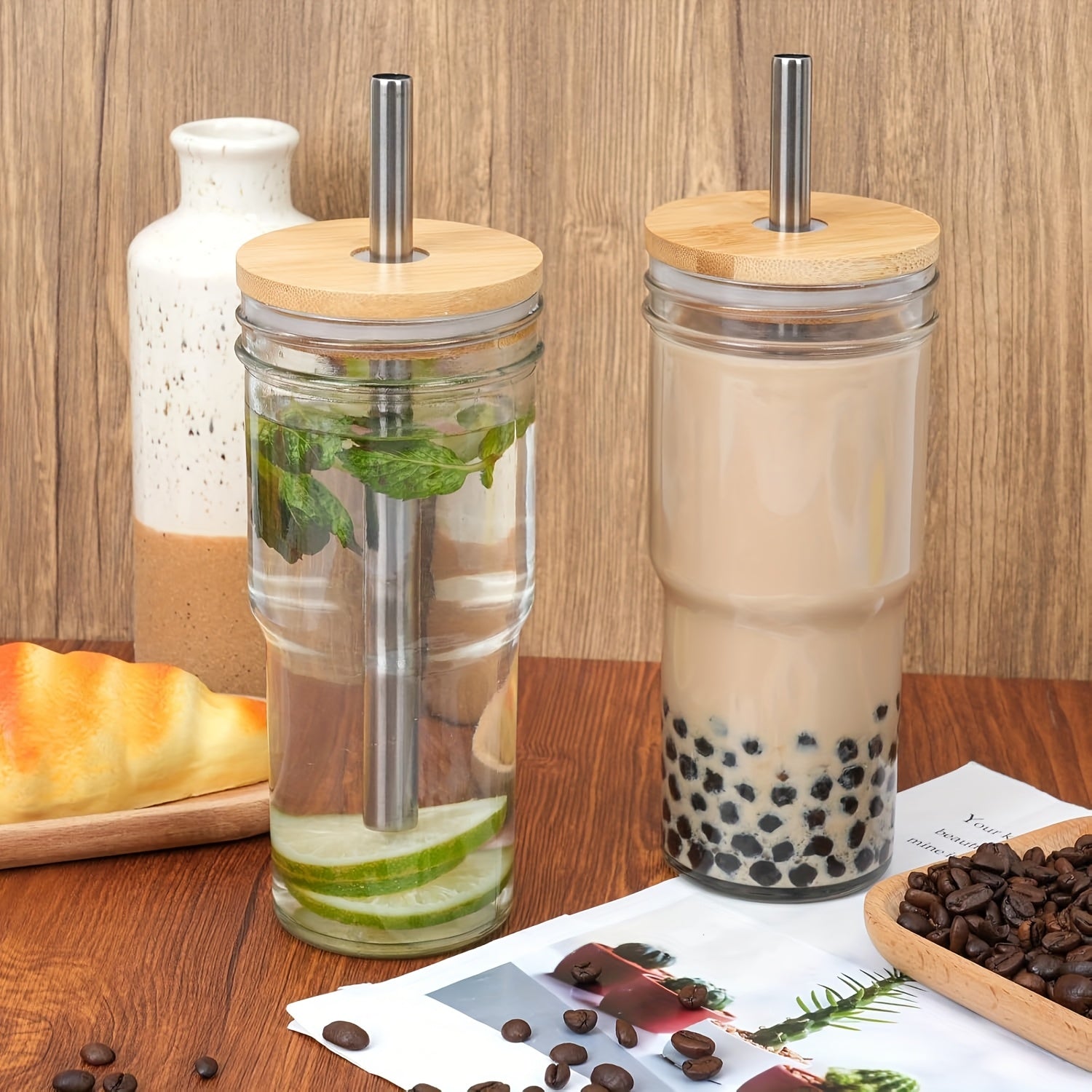 4pcs Of 24 Ounce Glass Cups with Lids And Straws, Cute Travel Glass Cups, Drinking Can Set, Reusable Glass Water Cups for Making Milkshakes, Cold Boiled, Soda Water, Juice - Mother's Day Gift, Christmas Gift - Comes with With Two Cup Brushes.