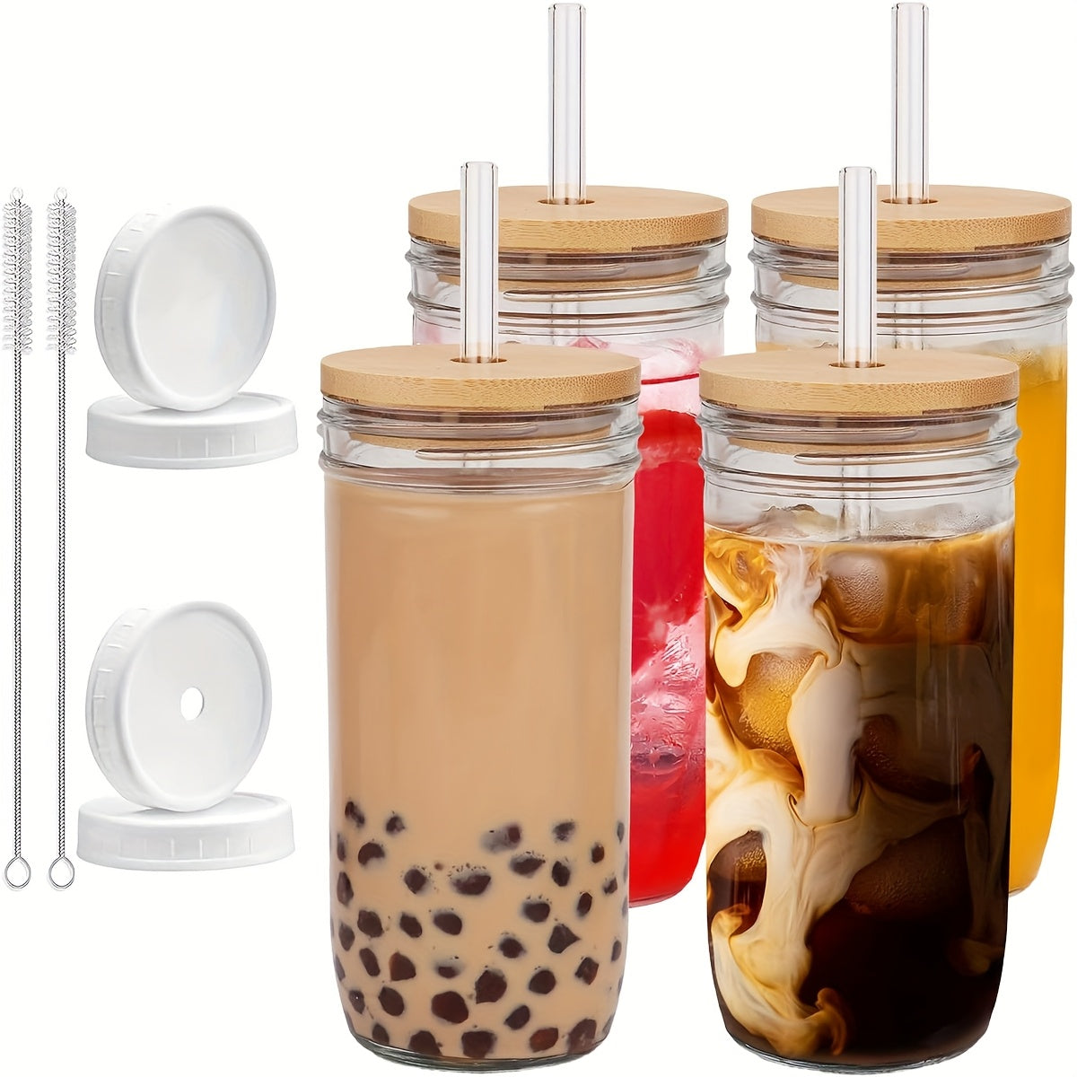4pcs Glass Smoothie Glasses, 24 Oz Mug Set With Lid And Straw, Reusable Drinking Glasses, Iced Coffee Mugs, Boba Mugs, 4-Pack Mason Jar Mugs
