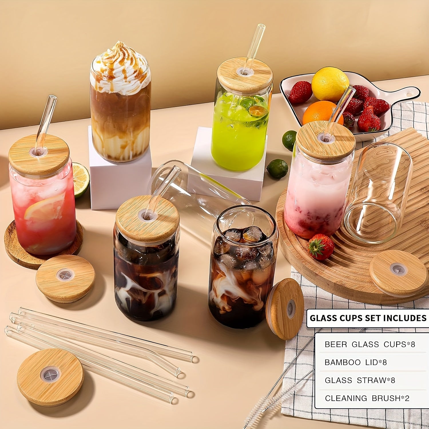 20oz Glass Tumbler with Bamboo Lid & Straw - Perfect for Iced Coffee, Whiskey, Cocktails & Wine - Includes Cleaning Brush