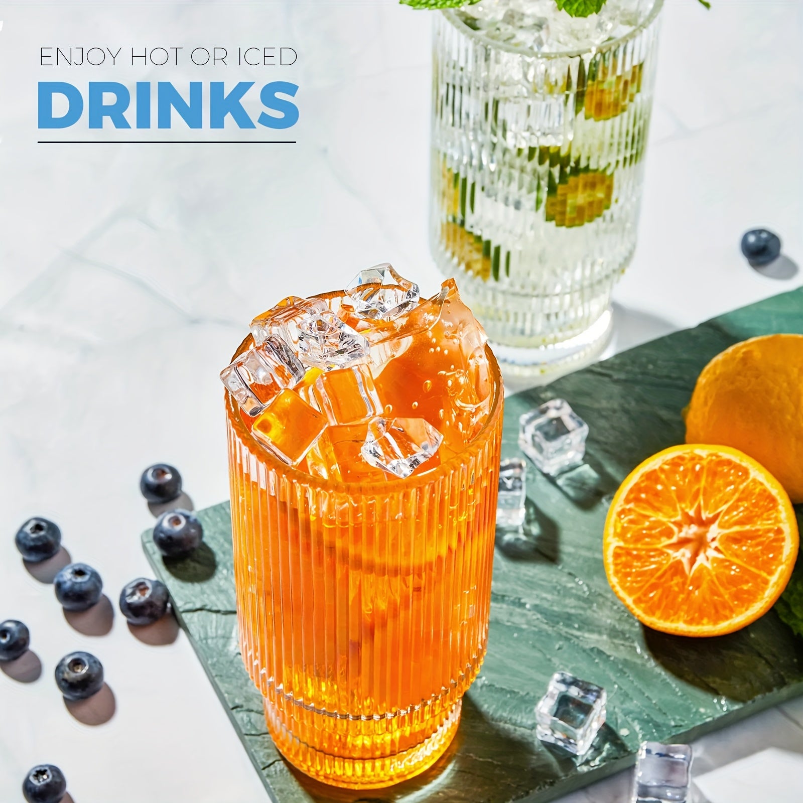 Set Of 4 Striped Glass Cups with Lids And Straws, 20oz/600ml Reusable Embossed Drinking Glasses for Coffee, Tea, Whiskey, Latte & Iced Drinks, Durable Dishwasher-Safe Glassware