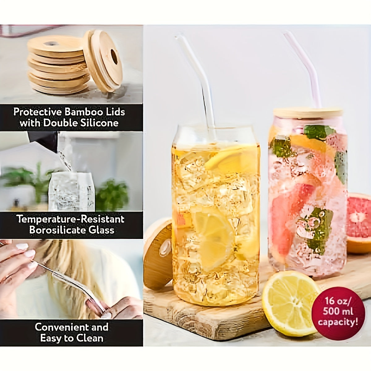 4pcs Glass Cups with Lid and Straw, Rich Colors and Various Styles, Milk Tea Cup, Drink Cup, Iced Coffee Cup, Glass Coffee Cup with Bamboo Lid