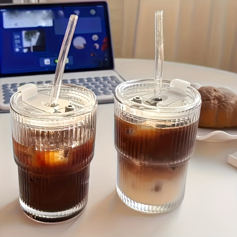 6pcs Ribbed Glassware, Glass Cups with Lids And Straws, Dishwasher Safety, Coffee Cups with Lids And Straw Sets, Reusable Iced Coffee Cups for Iced Tea, Juice, Water, Milk Tea, Milkshakes