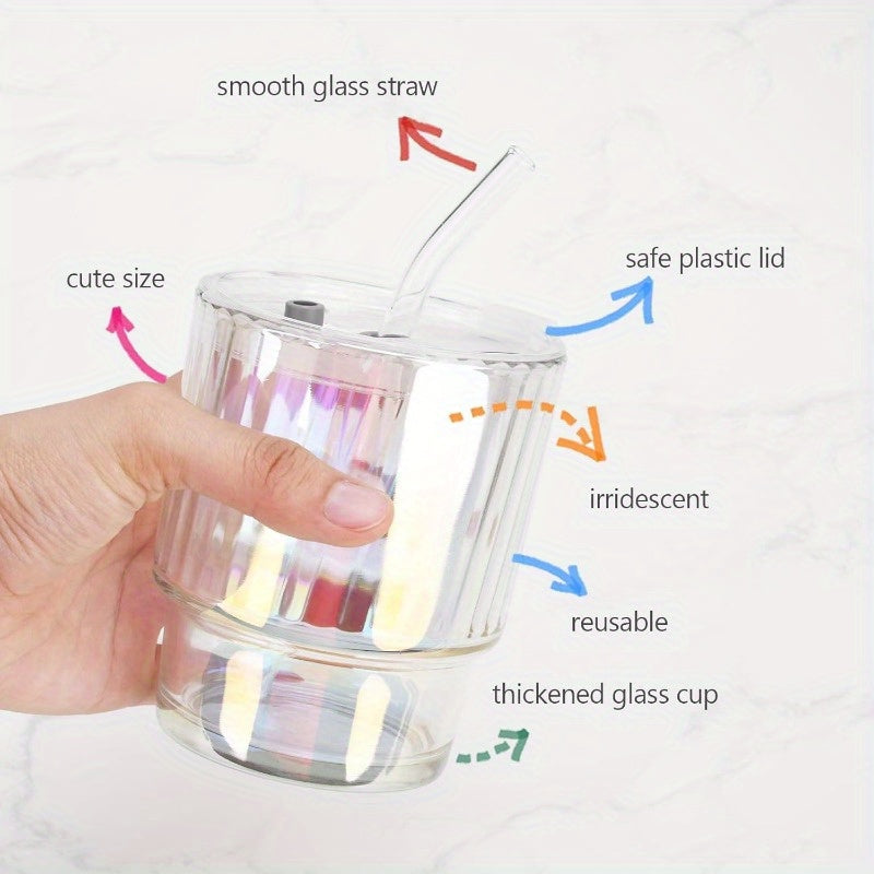 4 Pack Glass Cups with Lids and Straws Clear Iced Coffee Cups Cute Reusable 13oz Thickened Glass Tumbler Cups Travel Mug with Leak-Proof Sippy Lids for Morning Green Juice, Matcha