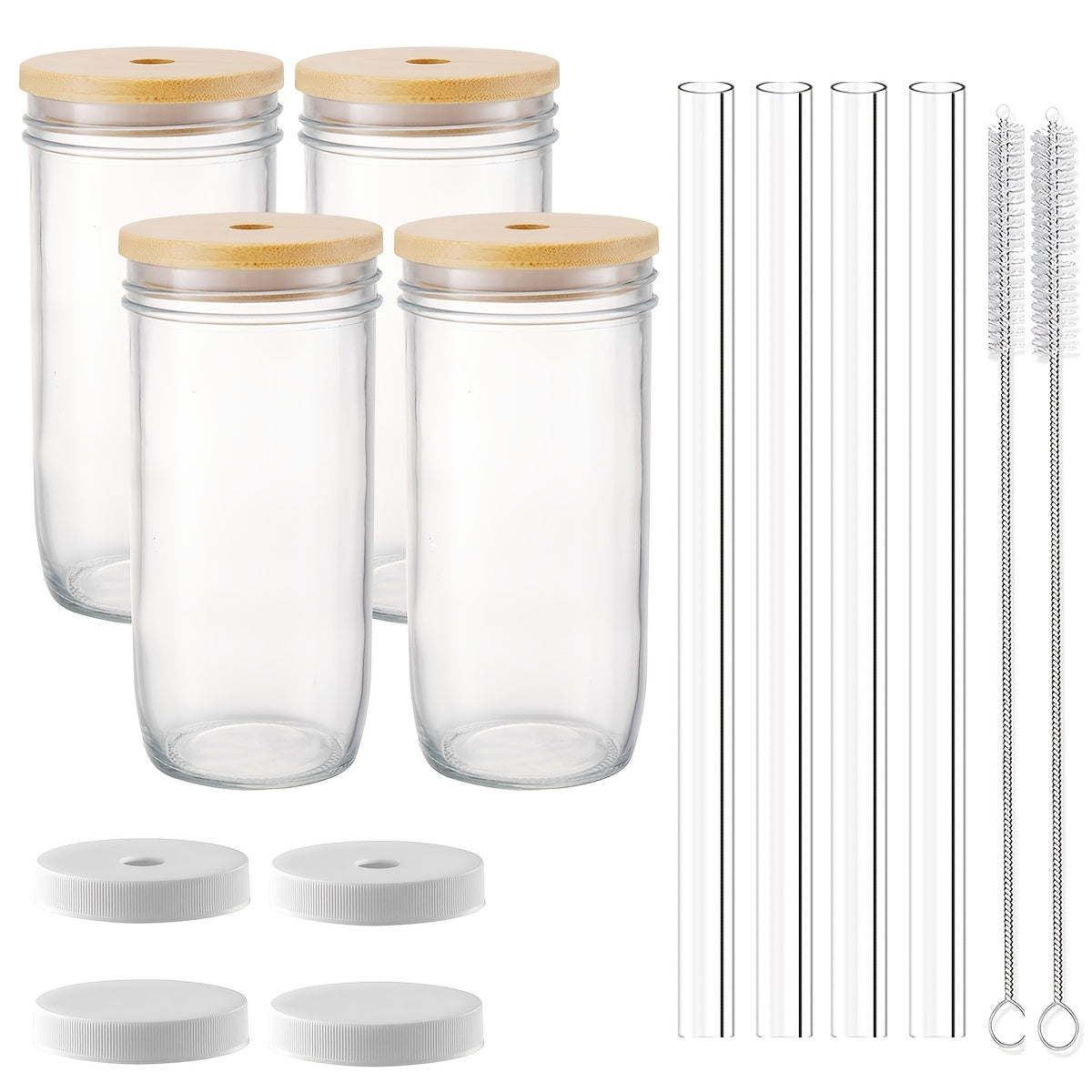 4pcs Thickened Glass, 24oz Drinking Set - Glass with Wooden Lid, Wide Mouth Mason Cup, Drinkware Set, Iced Coffee Cup, Boba Cup, Free White Sealed Lid