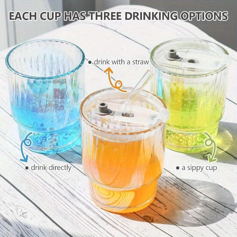 4 Pack Glass Cups with Lids and Straws Clear Iced Coffee Cups Cute Reusable 13oz Thickened Glass Tumbler Cups Travel Mug with Leak-Proof Sippy Lids for Morning Green Juice, Matcha