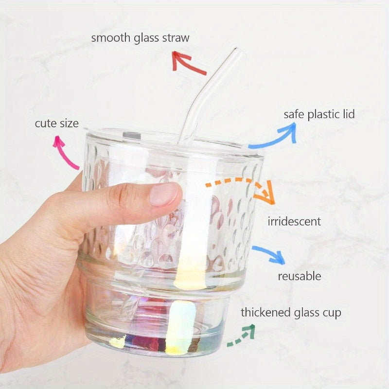 4 Pack Glass Cups with Lids and Straws Clear Iced Coffee Cups Cute Reusable 13oz Thickened Glass Tumbler Cups Travel Mug with Leak-Proof Sippy Lids for Morning Green Juice, Matcha