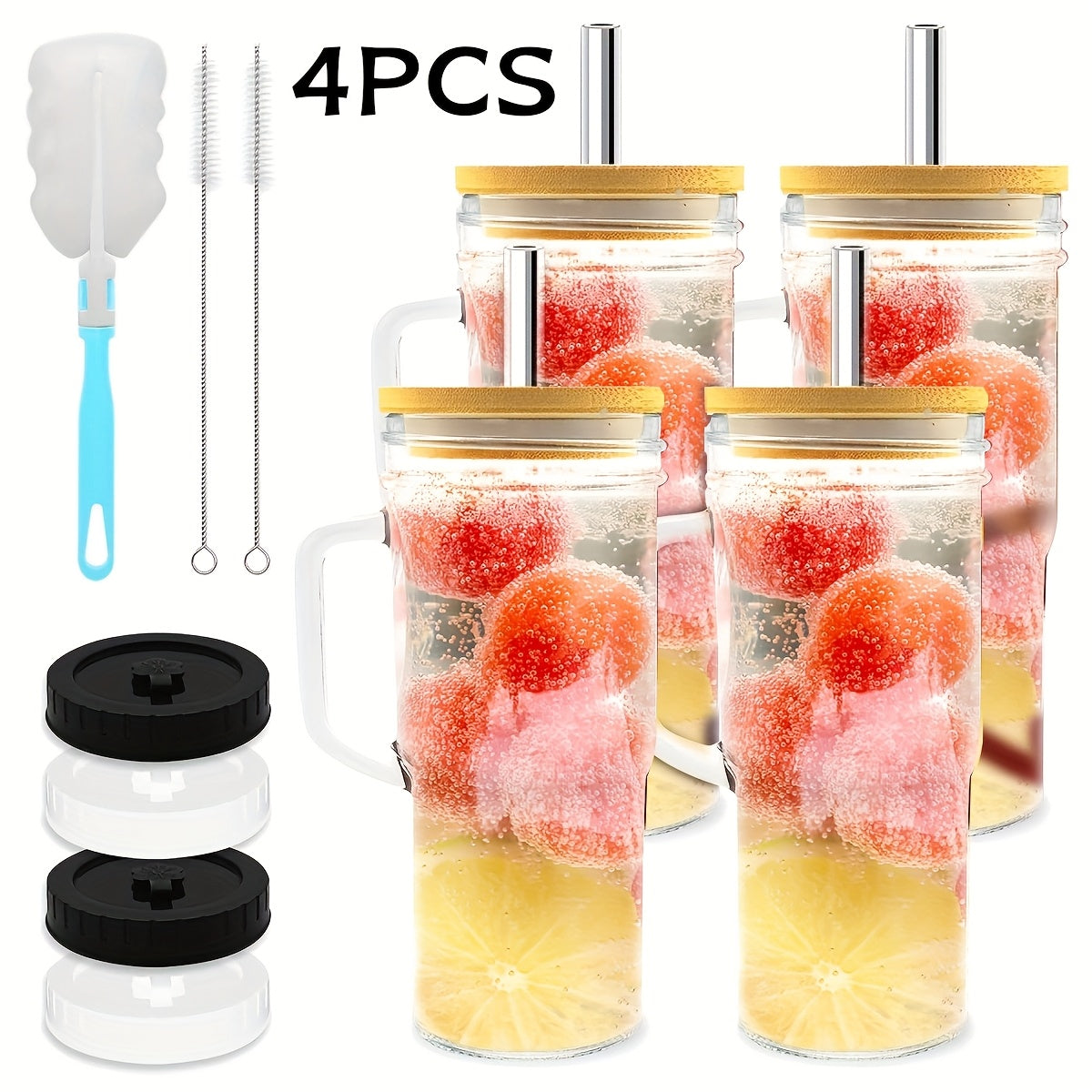 Glass Cups With Lids And Straws, 24 Oz Travel Coffee Mug Wide Mouth Mason Jar Iced Coffee Cup Smoothie Cup Glass Tumbler Tea Cup Clear Cups Cute Water Cups Drinking Glasses 2/4Packs
