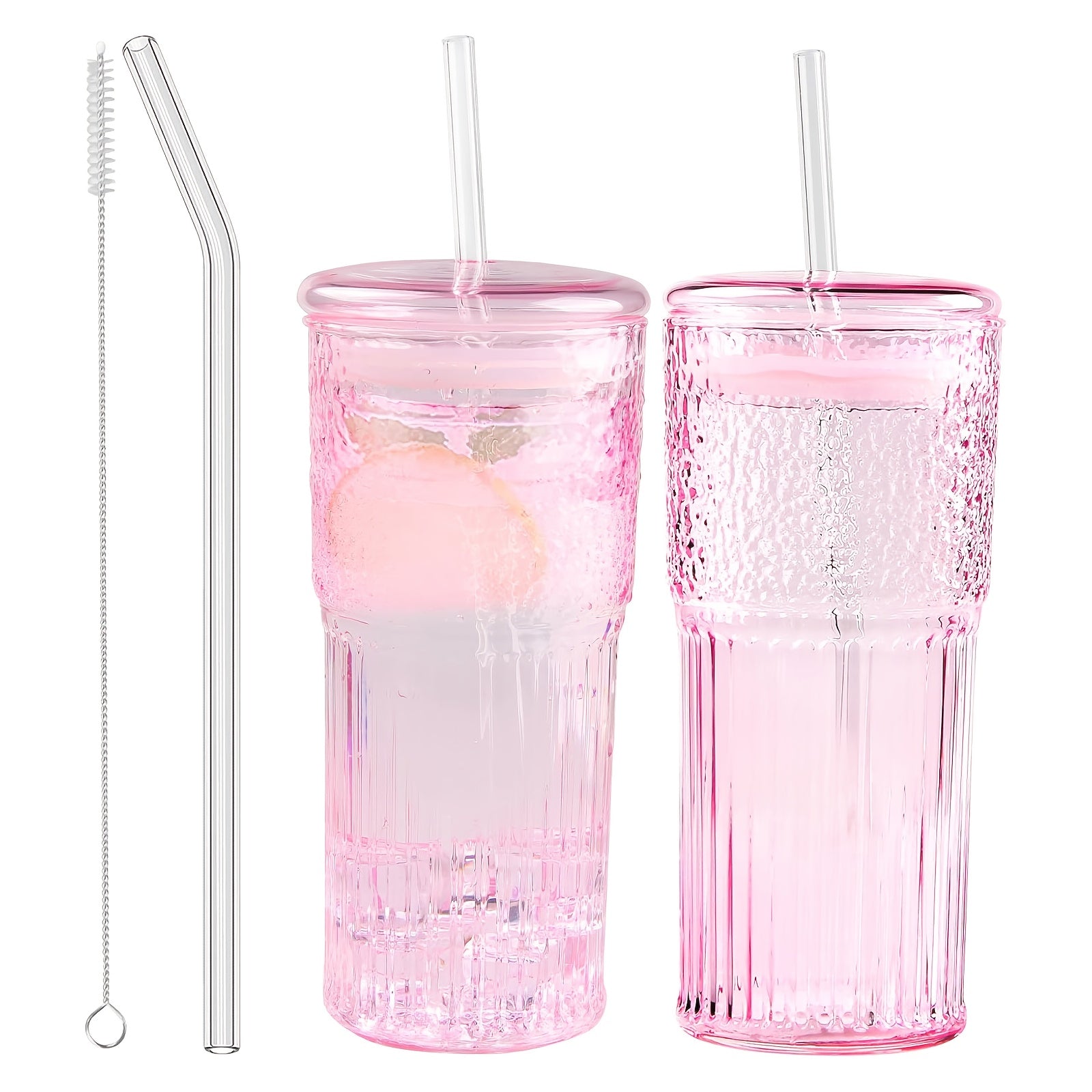 20oz - Set Of 2 Glass Cups with Lids And Straws, Pink/clear Glass Water Cups, for Iced Juice, Tea, Milk, Smoothies, And Cold Or Hot Drinks. Glass Iced Tea Cups.
