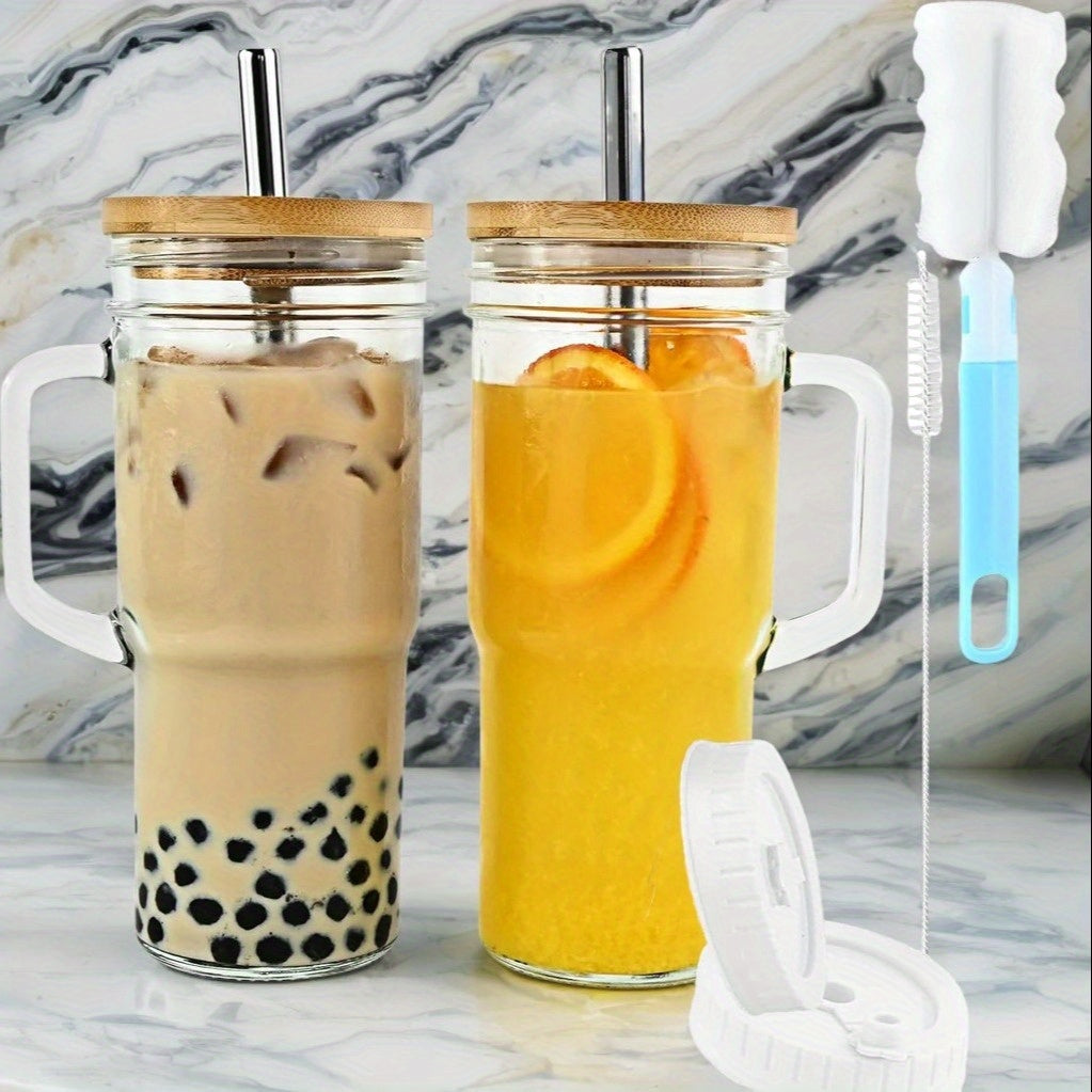 2/4pcs Handle Car Cup, 24oz High Borosilicate Glass Cup Without BPA, with Bamboo Lid And Straw, Suitable for Use with Iced Tea, Juice, Milk, Coffee, Sunny Lemonade, Preparing for Party Gatherings, Free Sealing Lid And Brush