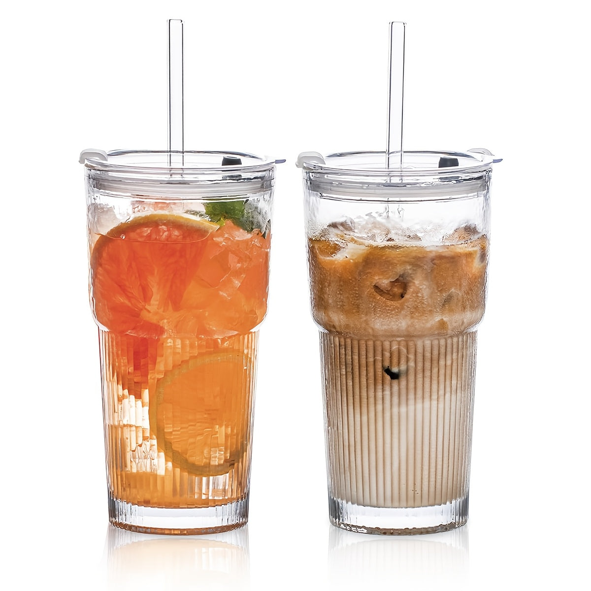 Glasses With Lid And Straw, Set Of 4 - Stylish Ribbed Design Drinking Cups For Iced Coffee Cups, Juices, Smoothies, Cold Drinks, Cleaning Brushes Included, Durable Glassware