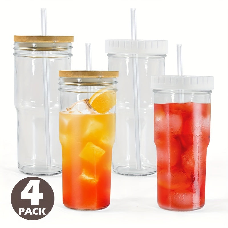 Pack of 4, Glass Cups with Bamboo Lids and Glass Straws 24oz, Glass Tumbler with Two Lid and Straw-Wide Mouth, Boba Cup Smoothie Tumbler Iced Coffee Cup Travel Mug