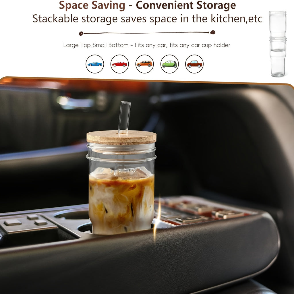 4pcs Lidded Glasses with Wooden And Sealed Lids, Smoothie Glasses with Straws - Boba Mason Jar, Wide Mouth Reusable Drinking Cups, Iced Coffee Mugs, Kitchen Drinkware, Water Bottles.