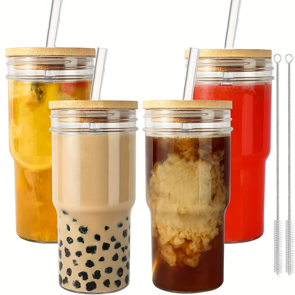 Glass Cups With Lids And Straws, 24 Oz Travel Coffee Mug Wide Mouth Mason Jar Iced Coffee Cup Smoothie Cup Glass Tumbler Tea Cup Clear Cups Cute Water Cups Drinking Glasses 2/4Packs