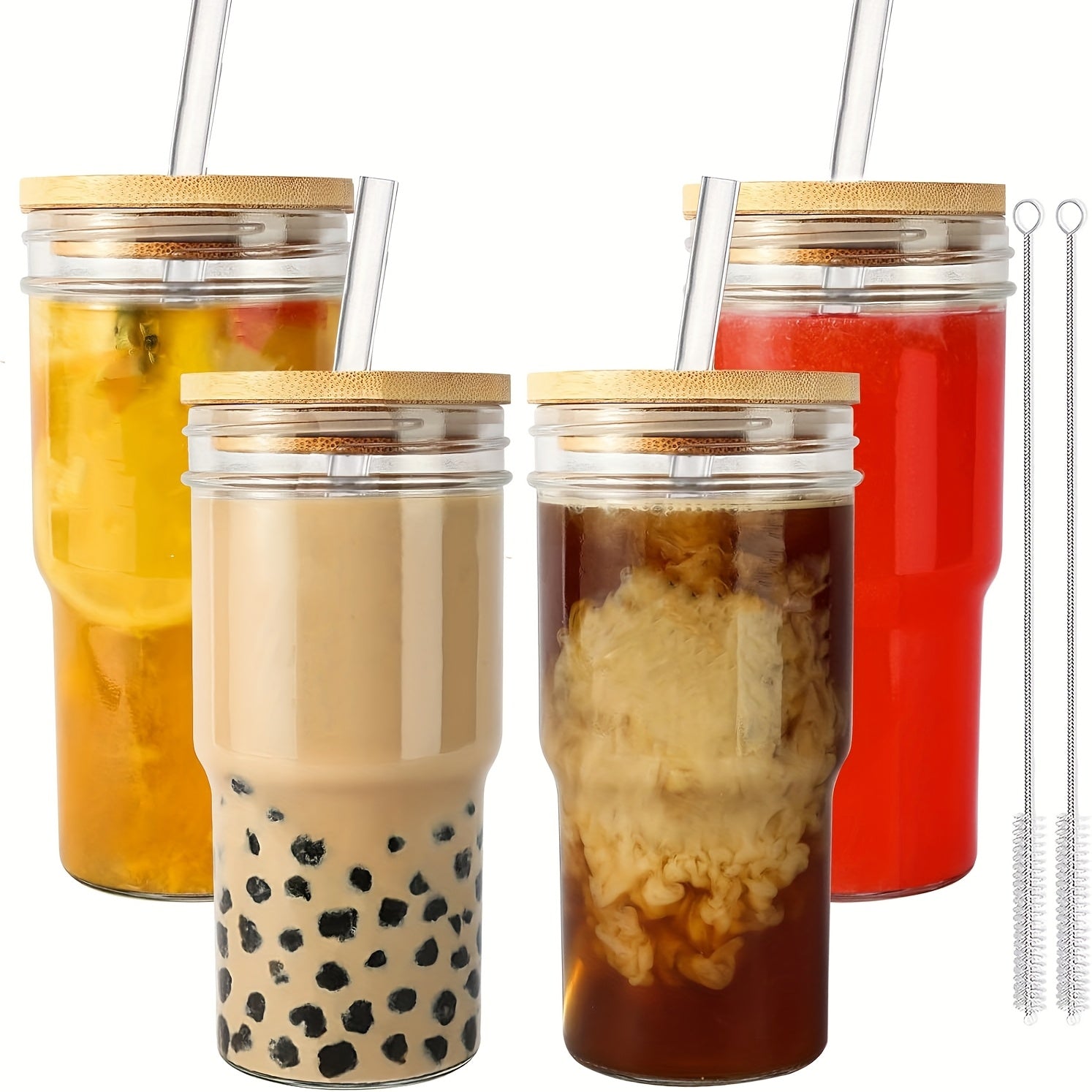 Glass Cups With Lids And Straws, 24 Oz Travel Coffee Mug Wide Mouth Mason Jar Iced Coffee Cup Smoothie Cup Glass Tumbler Tea Cup Clear Cups Cute Water Cups Drinking Glasses 2/4Packs