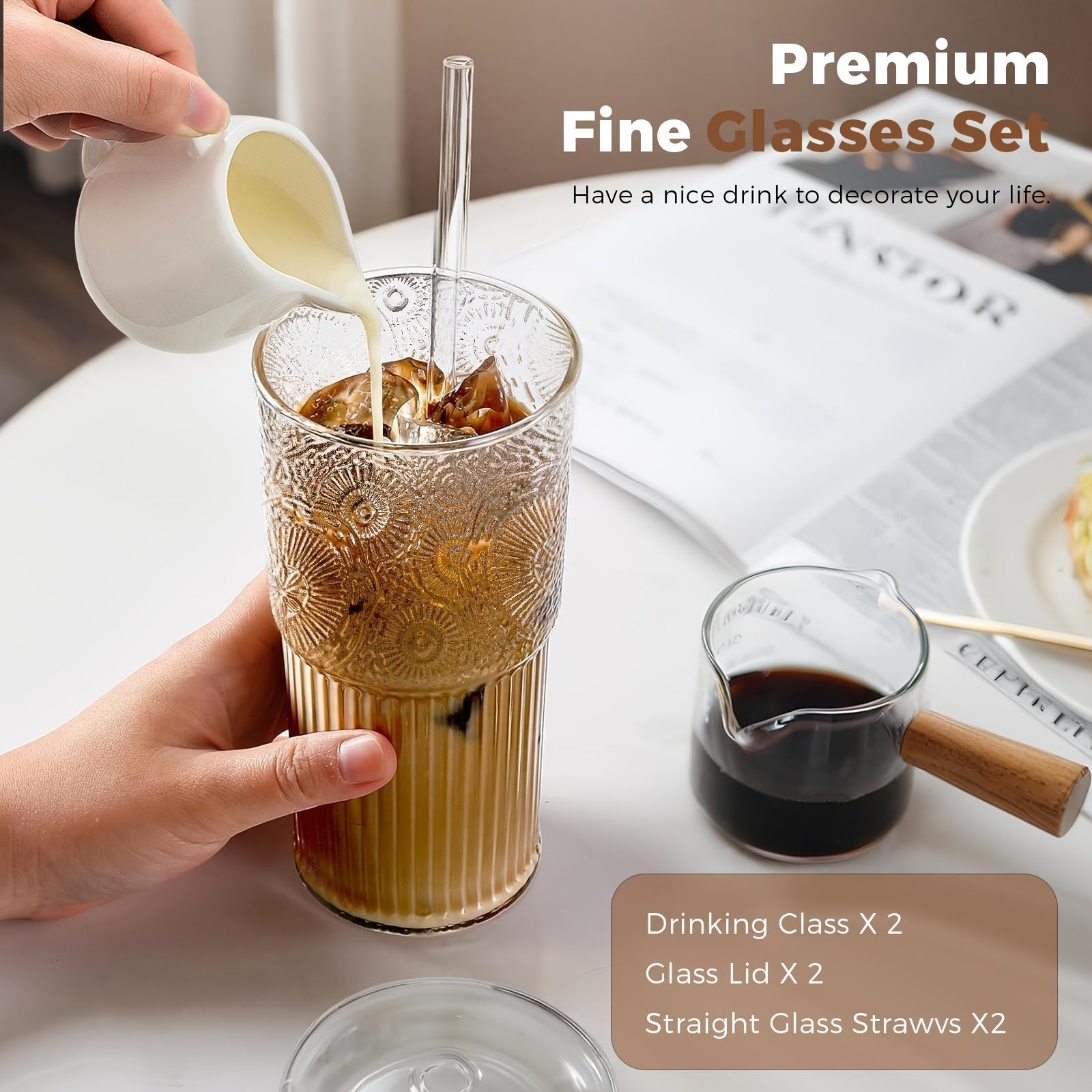 2 Pack 20oz Borosilicate Glass Cups With Lids And Glass Straws Clear Vintage Drinking Glasses For Coffee Juice Milk And Water Durable Heat Resistant Glassware For Daily Kitchen Use