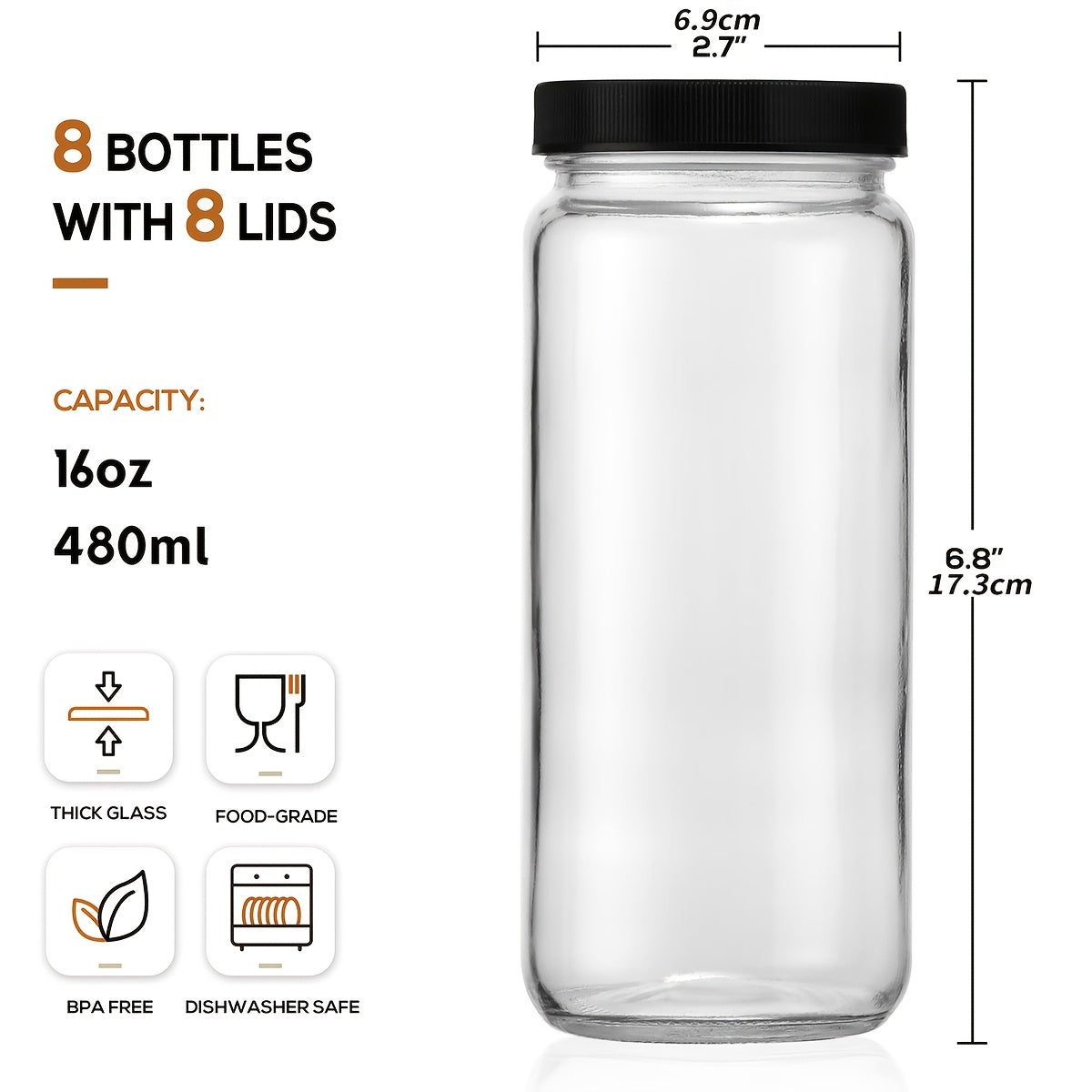 8/16pcs, 16oz Glass Juice Bottle with Sealed Lid, Free 2 Straws, Perforated Lid And Straw Brush, Juice Bottle - Clear Drink Can Cups, Water Bottles, Travel Juice Containers, Black Lid. Mother's Day Gift, Teacher Appreciation Gift, Bottle for Juice,