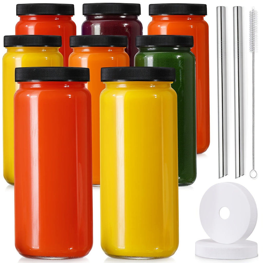 8/16pcs, 16oz Glass Juice Bottle with Sealed Lid, Free 2 Straws, Perforated Lid And Straw Brush, Juice Bottle - Clear Drink Can Cups, Water Bottles, Travel Juice Containers, Black Lid. Mother's Day Gift, Teacher Appreciation Gift, Bottle for Juice,