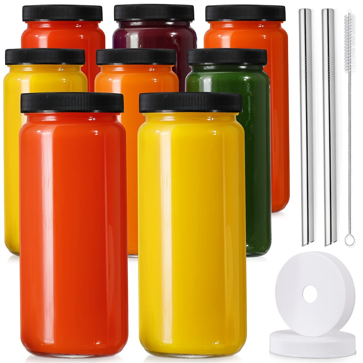 8/16pcs, 16oz Glass Juice Bottle with Sealed Lid, Free 2 Straws, Perforated Lid And Straw Brush, Juice Bottle - Clear Drink Can Cups, Water Bottles, Travel Juice Containers, Black Lid. Mother's Day Gift, Teacher Appreciation Gift, Bottle for Juice,