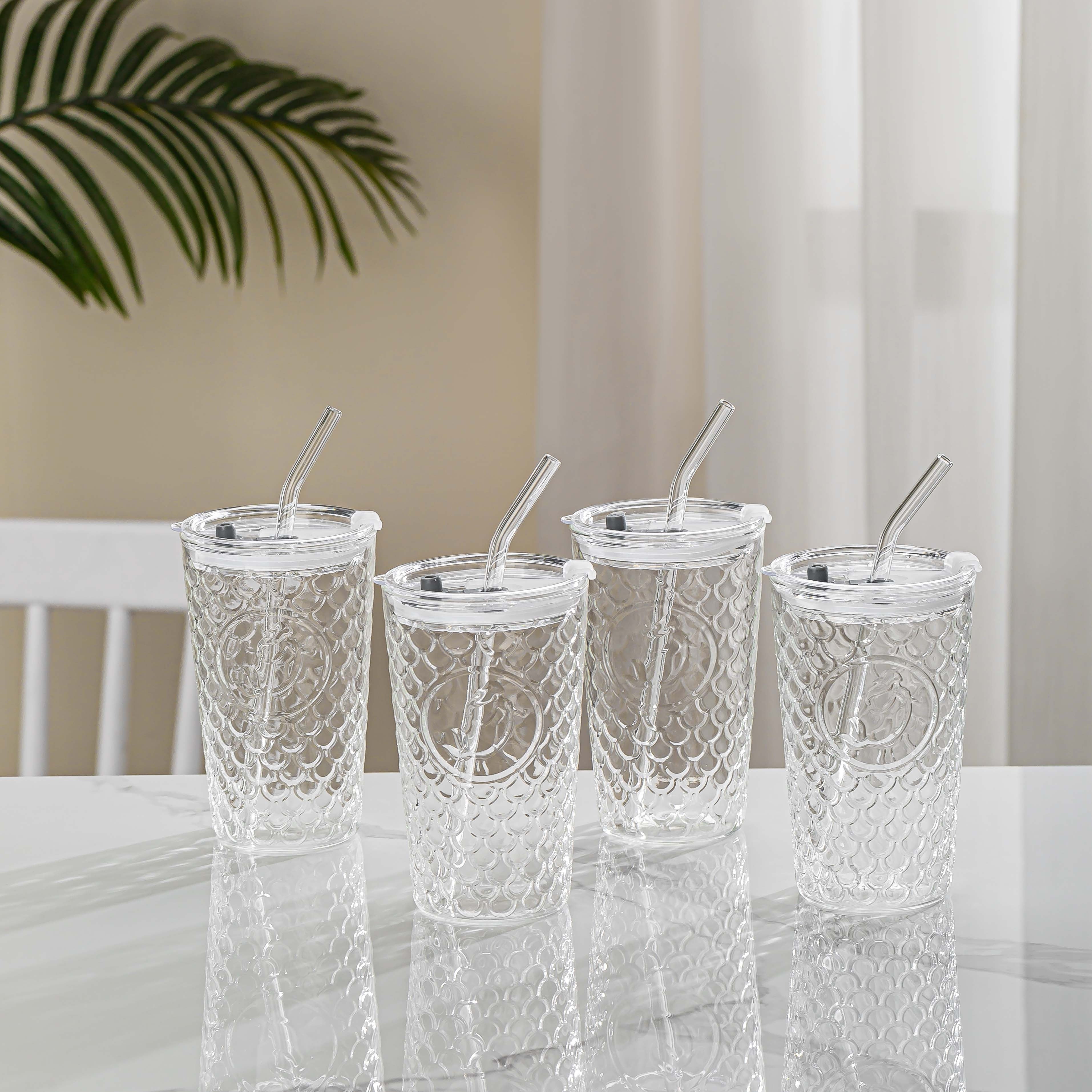 2pcs/4pcs High Boron Silicon Glass Tumblers with Lids and Stainless Steel Straws, Spill-Proof, Leak-Proof, Heat-Resistant, Ideal for Iced Coffee, with Reusable Drinkware for Travel, Office & Home