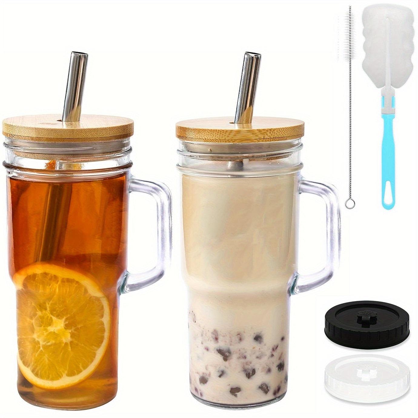 2/4pcs Tumblers with Lid And Straw - 24oz, with Bamboo Lid And Straw, Travel & Away Cups, Mason Glass Cup Drinkware Set, Free Sealed Silicone Lid & Straw Cleaning Brush!, Outdoor Hydration, Leakproof Tumbler, Modern Glassware, Stylish Drinkware Set, Hand