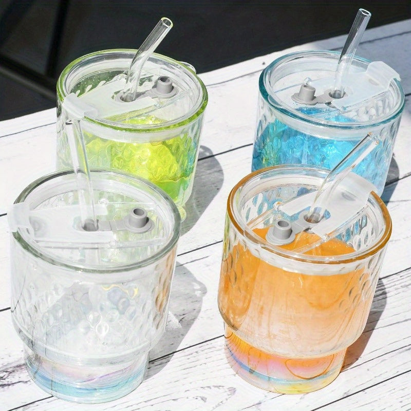 4 Pack Glass Cups with Lids and Straws Clear Iced Coffee Cups Cute Reusable 13oz Thickened Glass Tumbler Cups Travel Mug with Leak-Proof Sippy Lids for Morning Green Juice, Matcha