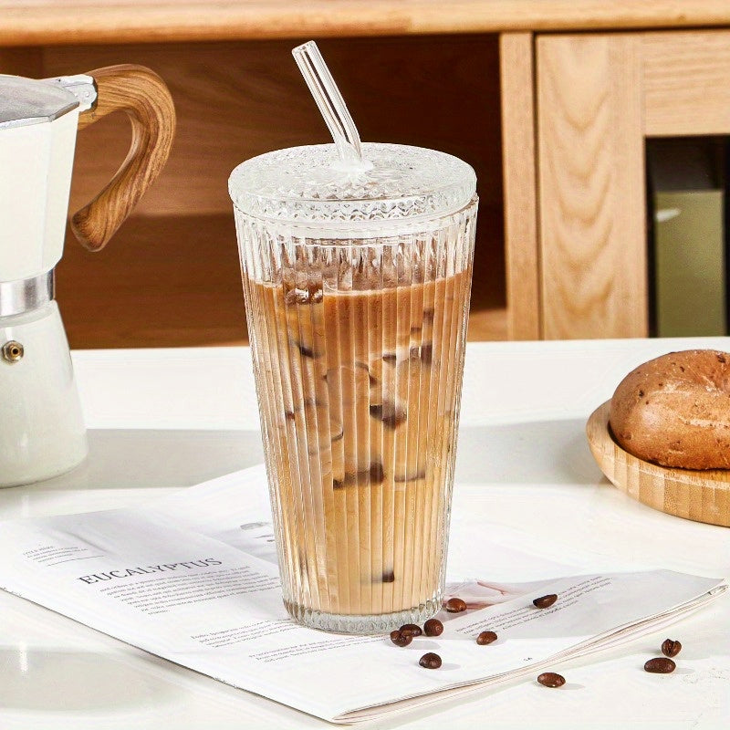 2pcs Ribbed 21oz Glass Tumblers with Lids & Straws - Clear, Reusable, Hand Wash Only, Perfect for Iced Beverages, Beverage Serving | Ribbed Glassware | Durable Glass