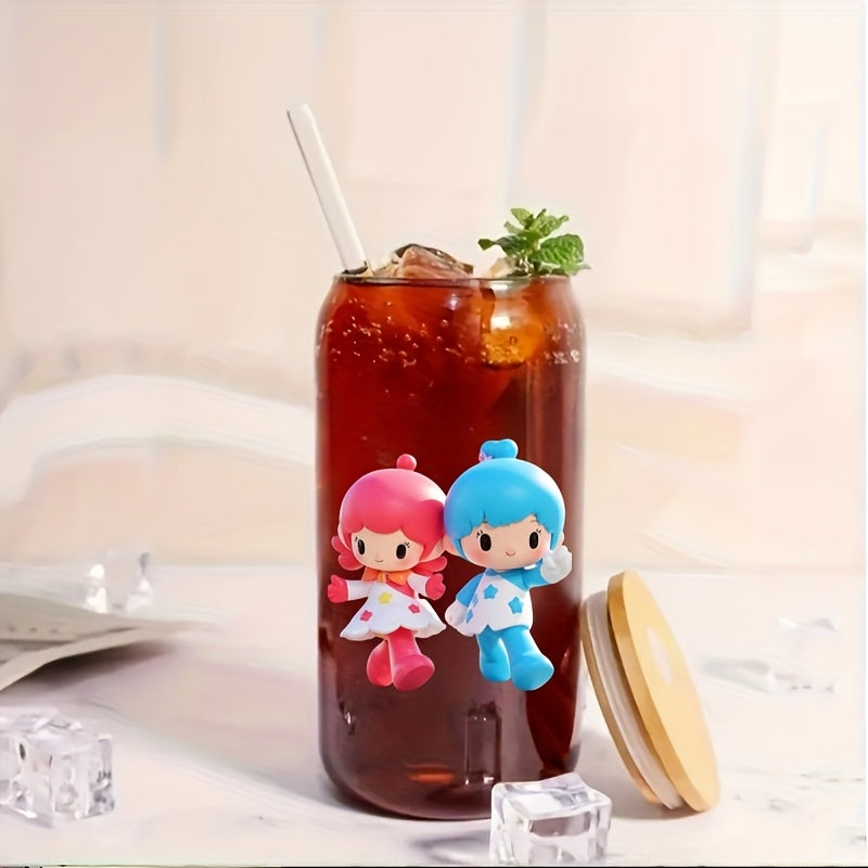 Glass Cup With Lid And Straw, for Little Twin Stars Cute Glassware Set Ideal Gift For Friend, Child And Family, Perfect For Iced Drinking, Cola, Boba And DIY Beverage, Contain 4pcs