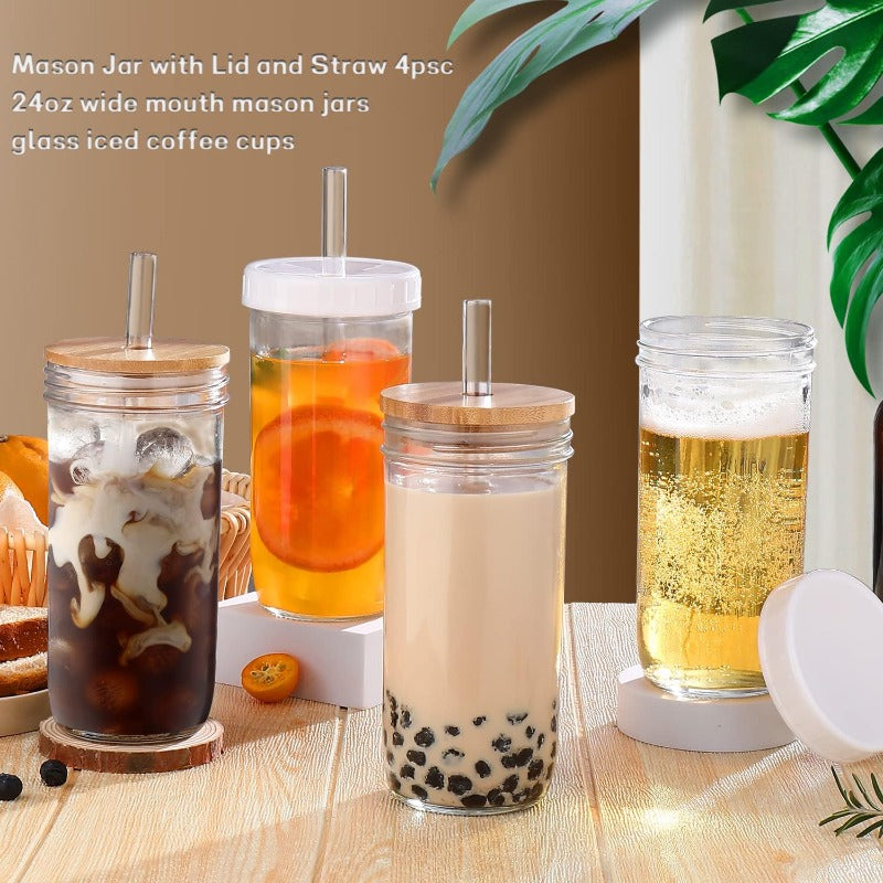 4pcs 24oz Reusable Glass Cups with Lids & Straws - Wide Mouth Mason Jar Design, Leak-Proof Lids, Perfect for Smoothies, Boba Tea, Coffee, and Cold Drinks - Durable & Stylish Beverage Containers, Beverage Serving Cups | Modern Glass Cups | Durable Glass