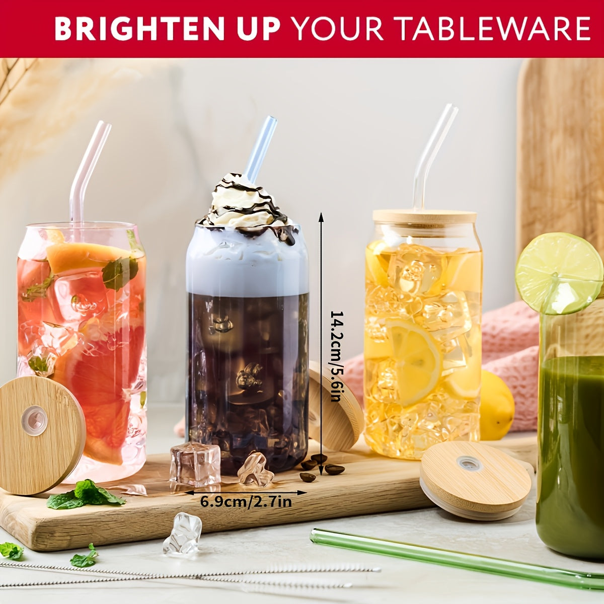 4pcs Glass Cups with Lid and Straw, Rich Colors and Various Styles, Milk Tea Cup, Drink Cup, Iced Coffee Cup, Glass Coffee Cup with Bamboo Lid