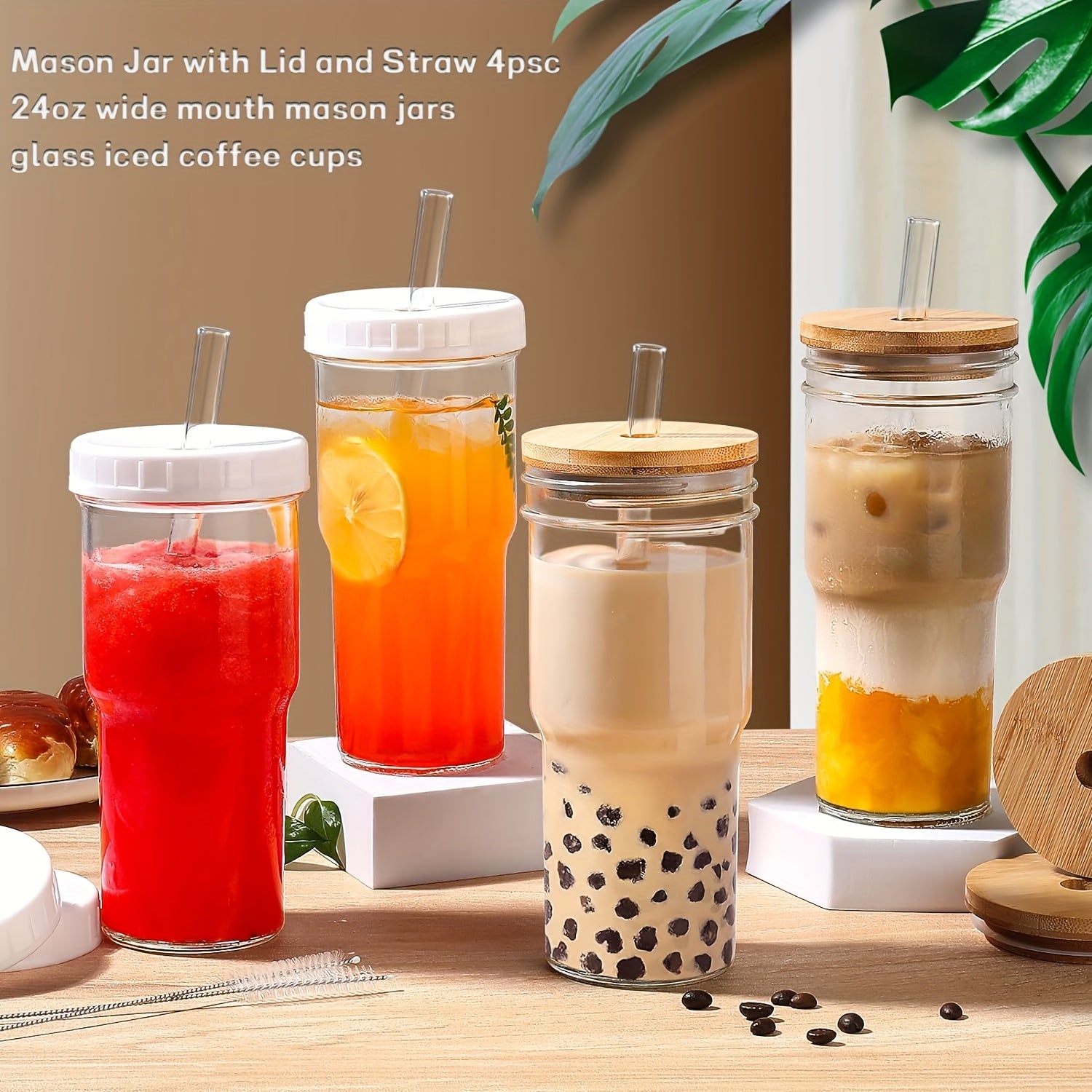 4pcs Lidded Glasses with Wooden And Sealed Lids, Smoothie Glasses with Straws - Boba Mason Jar, Wide Mouth Reusable Drinking Cups, Iced Coffee Mugs, Kitchen Drinkware, Water Bottles.