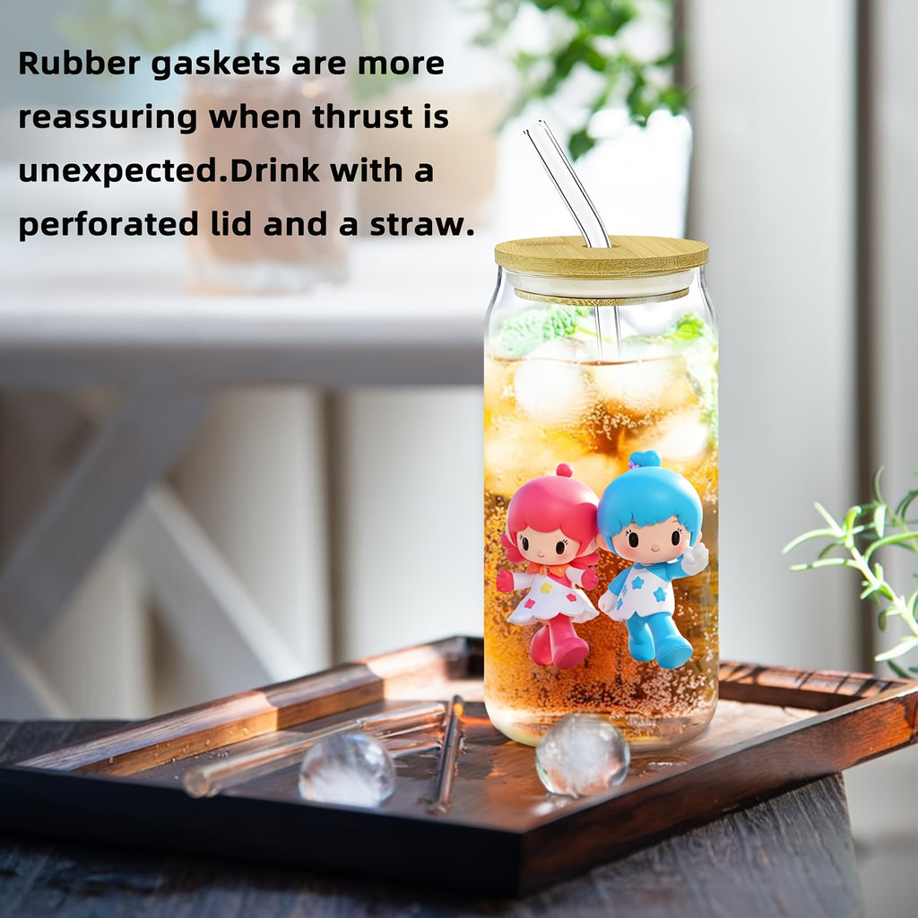 Glass Cup With Lid And Straw, for Little Twin Stars Cute Glassware Set Ideal Gift For Friend, Child And Family, Perfect For Iced Drinking, Cola, Boba And DIY Beverage, Contain 4pcs