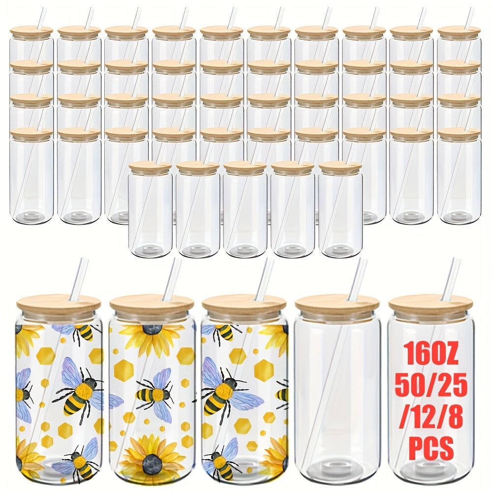 50/25/12/8 Pack 16Oz Clear Or Frosted Sublimation Glass Cans With Bamboo Lid, Transparent Glass Tumblers With Plastic Straw, Sublimation Glass Cups With Bamboo Lids, With Individually Boxed, Ideal For Diy Gifts&Halloween, Christmas, For Juicing Coffee