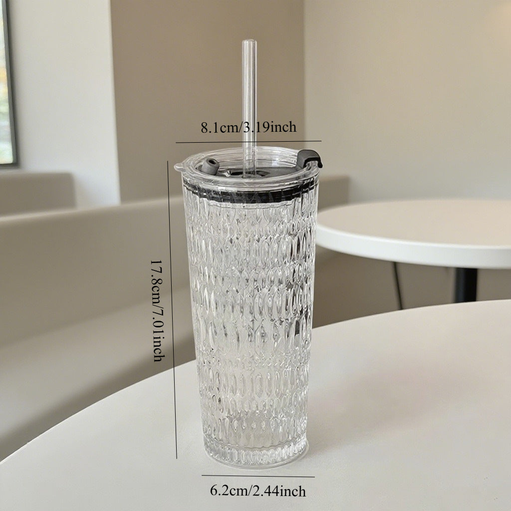 Large Capacity Clear Coffee Latte Cup with Lid & Built-in Straw - Elegant Modern Tumbler for Iced Americanos, Home, Office, or Gifts - Durable Glass Construction, Spill-Proof Design for Hot/Cold Beverages, Office Drinkware, Contemporary Drinkware, Premium