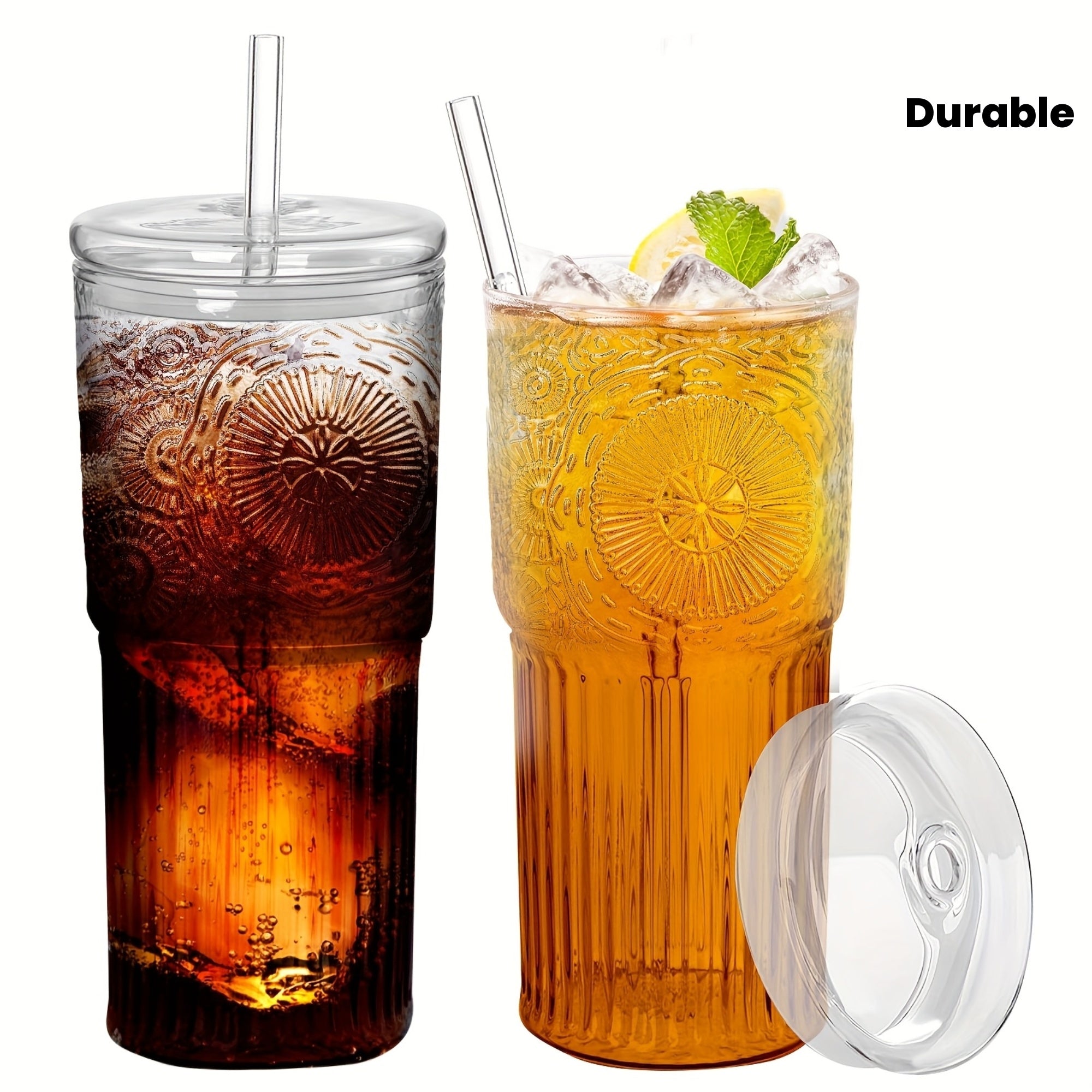 2 Pack 20oz Borosilicate Glass Cups With Lids And Glass Straws Clear Vintage Drinking Glasses For Coffee Juice Milk And Water Durable Heat Resistant Glassware For Daily Kitchen Use