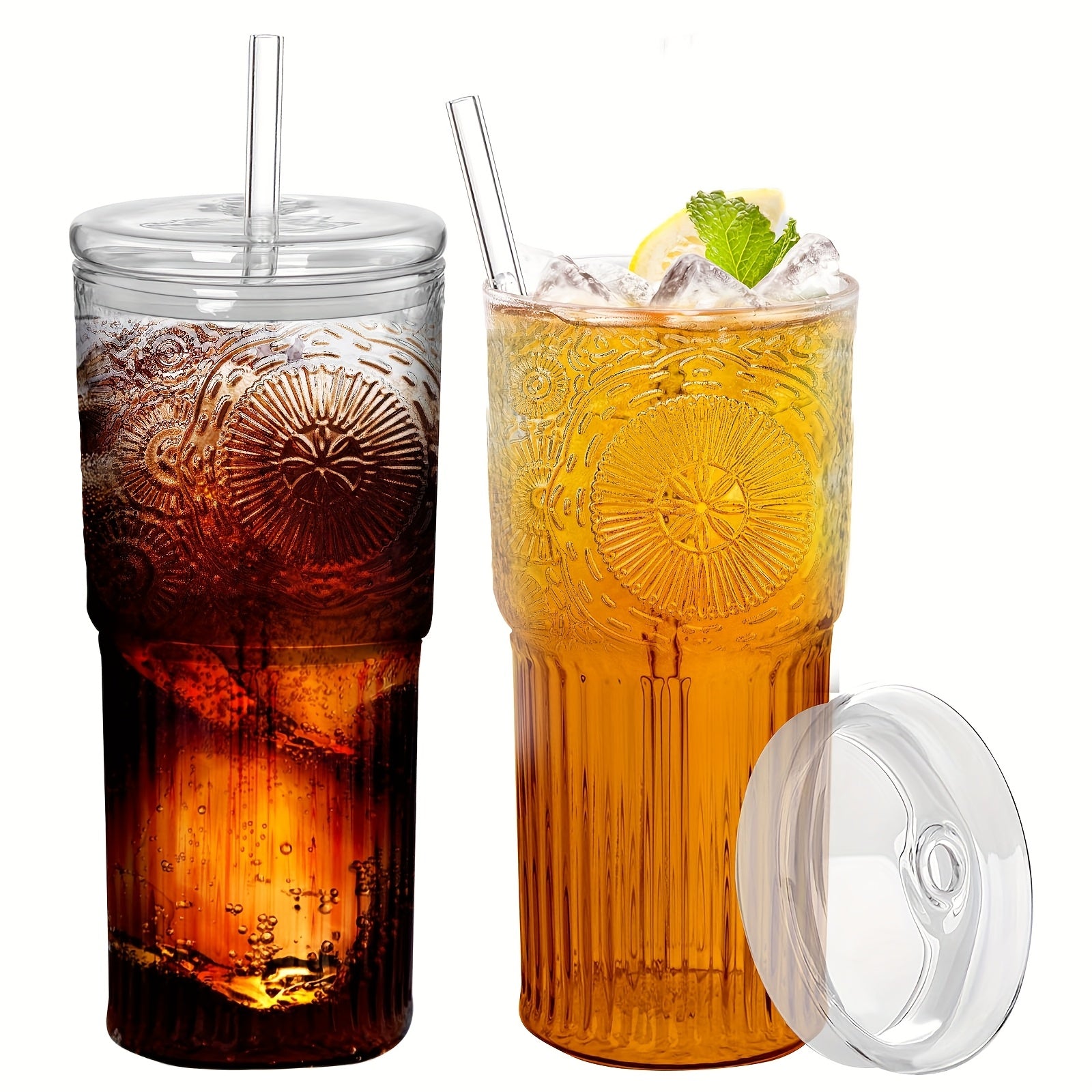 2 Pack 20oz Borosilicate Glass Cups With Lids And Glass Straws Clear Vintage Drinking Glasses For Coffee Juice Milk And Water Durable Heat Resistant Glassware For Daily Kitchen Use