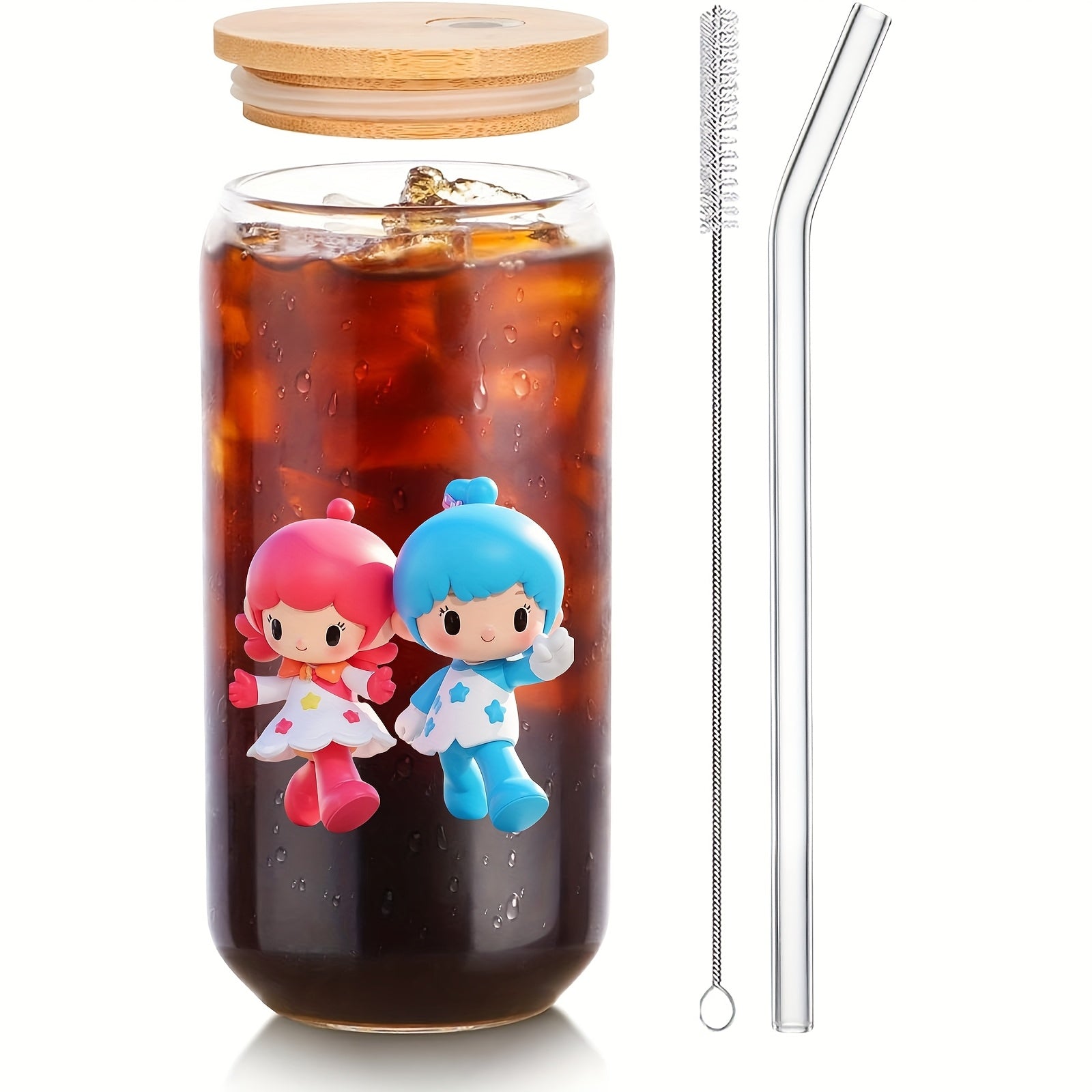 Glass Cup With Lid And Straw, for Little Twin Stars Cute Glassware Set Ideal Gift For Friend, Child And Family, Perfect For Iced Drinking, Cola, Boba And DIY Beverage, Contain 4pcs