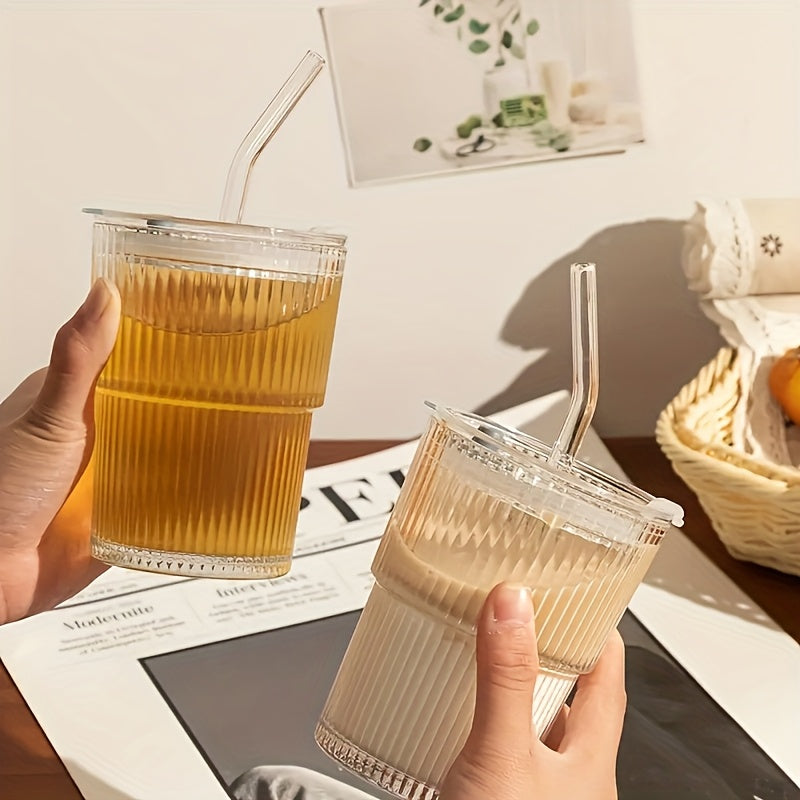 6pcs Ribbed Glassware, Glass Cups with Lids And Straws, Dishwasher Safety, Coffee Cups with Lids And Straw Sets, Reusable Iced Coffee Cups for Iced Tea, Juice, Water, Milk Tea, Milkshakes