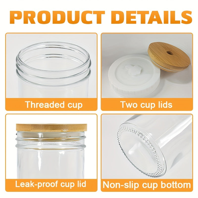 Pack of 4, Glass Cups with Bamboo Lids and Glass Straws 24oz, Glass Tumbler with Two Lid and Straw-Wide Mouth, Boba Cup Smoothie Tumbler Iced Coffee Cup Travel Mug