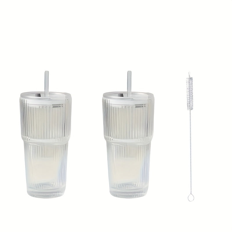 2 Ribbed Glass Cups with Plastic Lid And Straw+straw Brush, Perfect for Iced Coffee, Juice, Smoothie Cocktails, Etc., Suitable for Home, Office, Party Supplies, 20oz